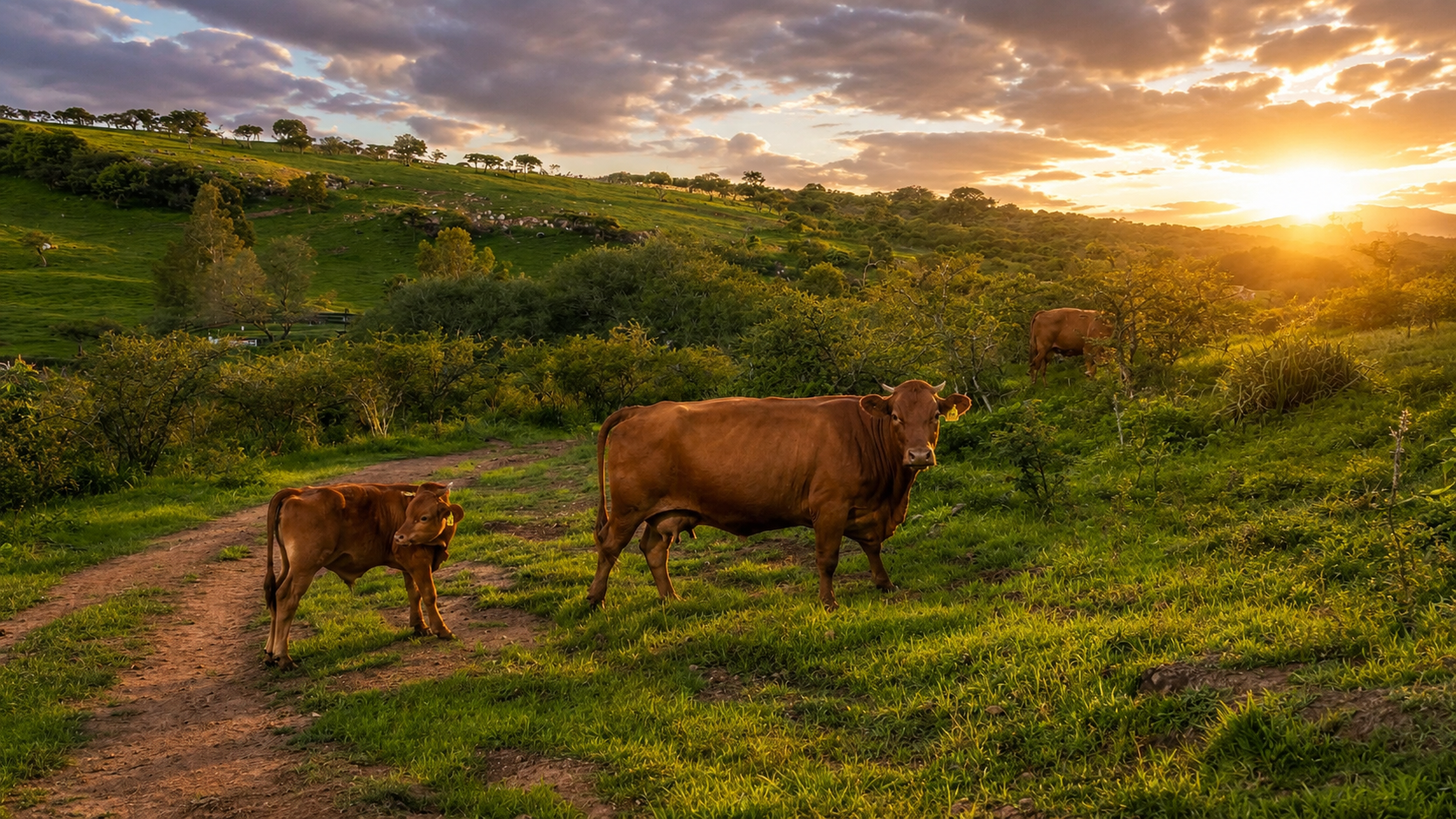 Vaca Beefmaster con su becerro al atardecer en los potreros de Rancho Piedra Gorda, Unión de Tula, Jalisco